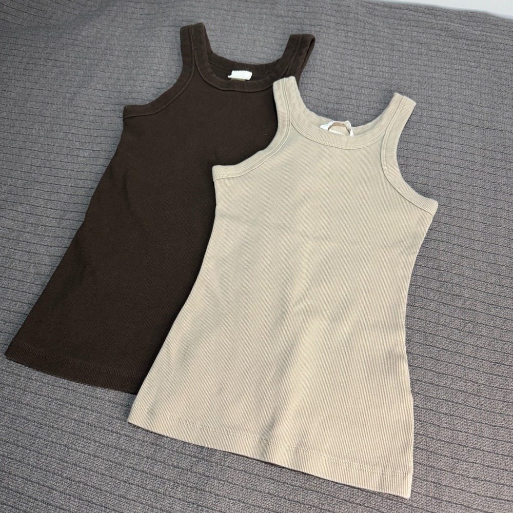 H&M Ribbed Tank Top 2 Pack Women XS Brown Beige Like New Racerback Basics